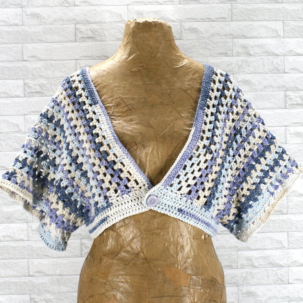 HAND CRAFTED Cardigan Sweater Cropped Crochet Striped Blue Denim Granny Square
